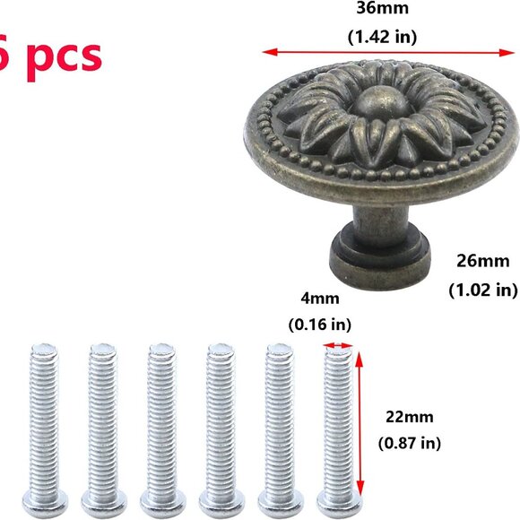Pull Handle Metal Flower Shape Cabinet Drawer Door Knob Bronze Tone Pack of 6 - Picture 2 of 5